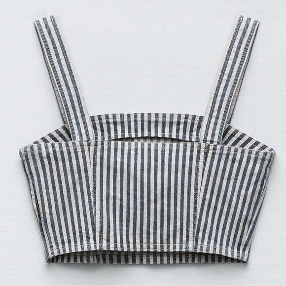 NWT Zara Blue White Denim Striped Crop Top | Size Medium - Picture 4 of 12